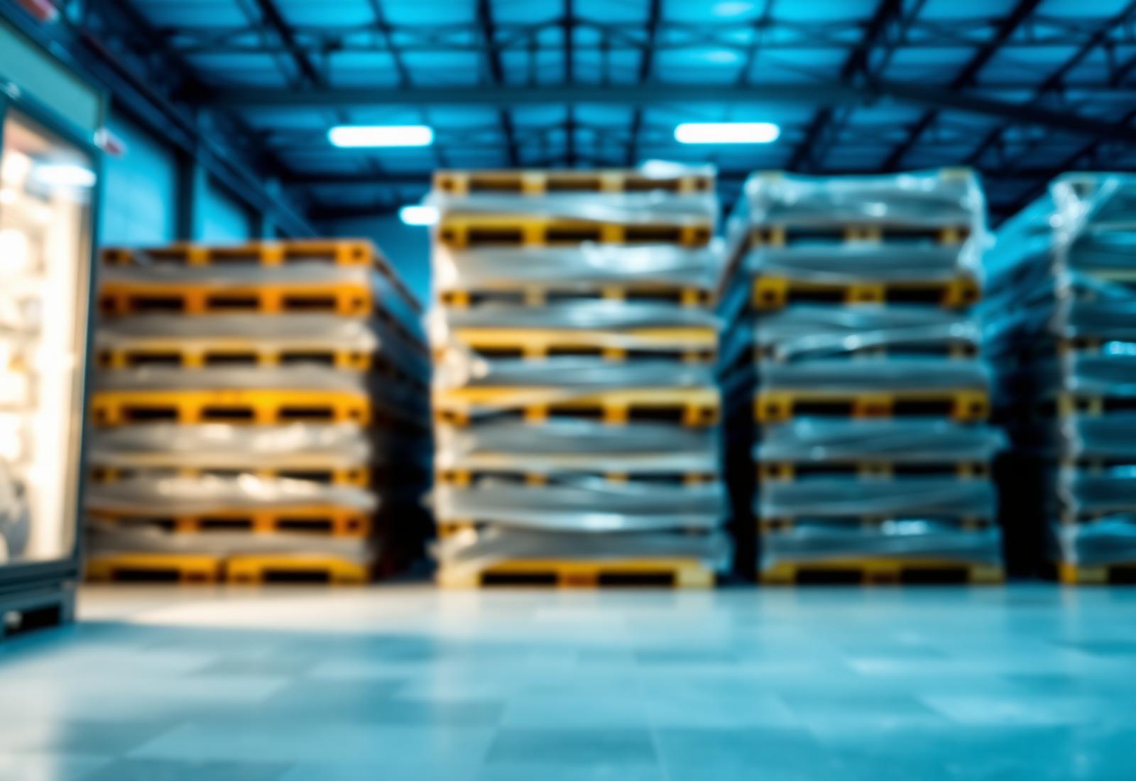 Frozen seafood pallets in a cold storage warehouse